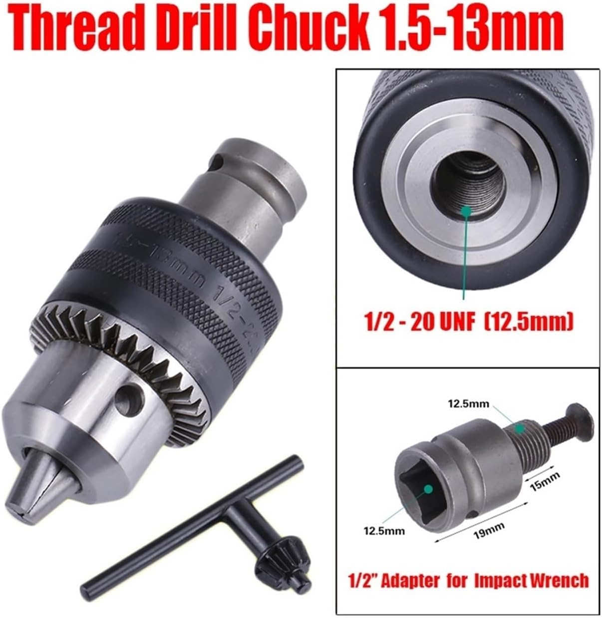 1pcs Drill Chuck Drill Chuck Adapter Convert Impact Wrench Into Electric Drill - 1/2 Inch -20UNF 3/8 Inch -24UNF Thread 3 Jaw Chuck(20UNF 3-16mm)