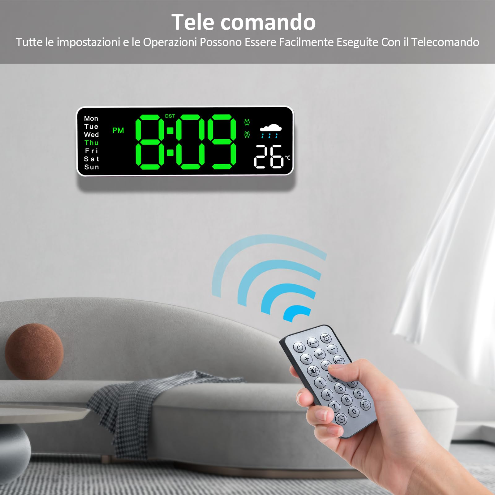 Digitale wandklok, 30,5 cm, grote digitale klok met afstandsbediening, multifunctionele wandklok kan de weersvoorspelling op luchtvochtigheid testen, voor woonkamer, kantoor, klaslokaal, groen