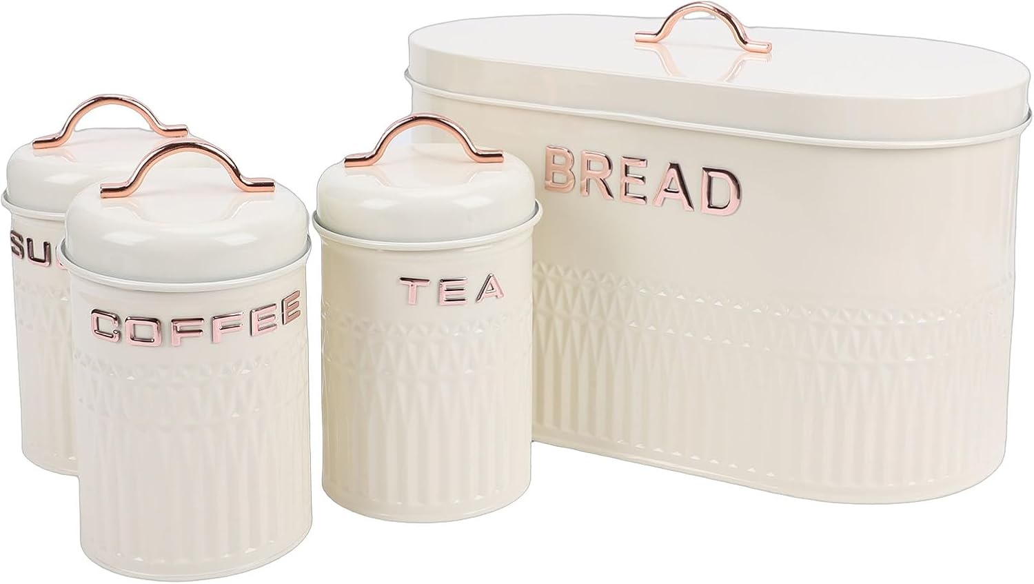 4PCS Bread Box and Canister Set for Kitchen Countertop, Iron Bread Bin Sugar Tea Coffee Storage Canister with Lid, Set for Loaf, Pastry, Dry Food, Space Saving H (Cream)