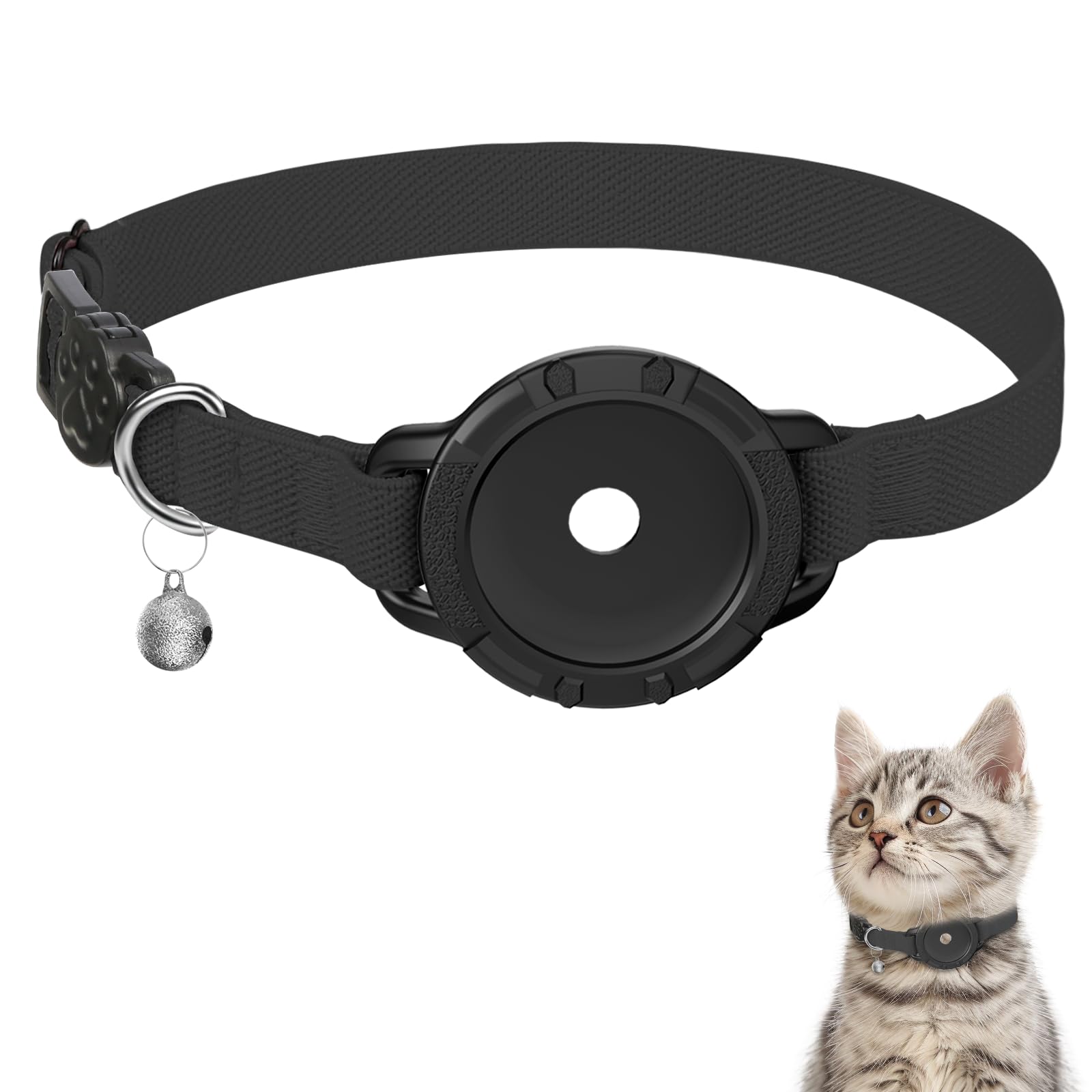 Collier extensible pour chat AirTag avec support AirTag et clochette | Breakaway - Ultra Design Elastic - Collier de suivi GPS - Taille réglable pour chats et chiots de 19,1 à 31,8 cm - Noir