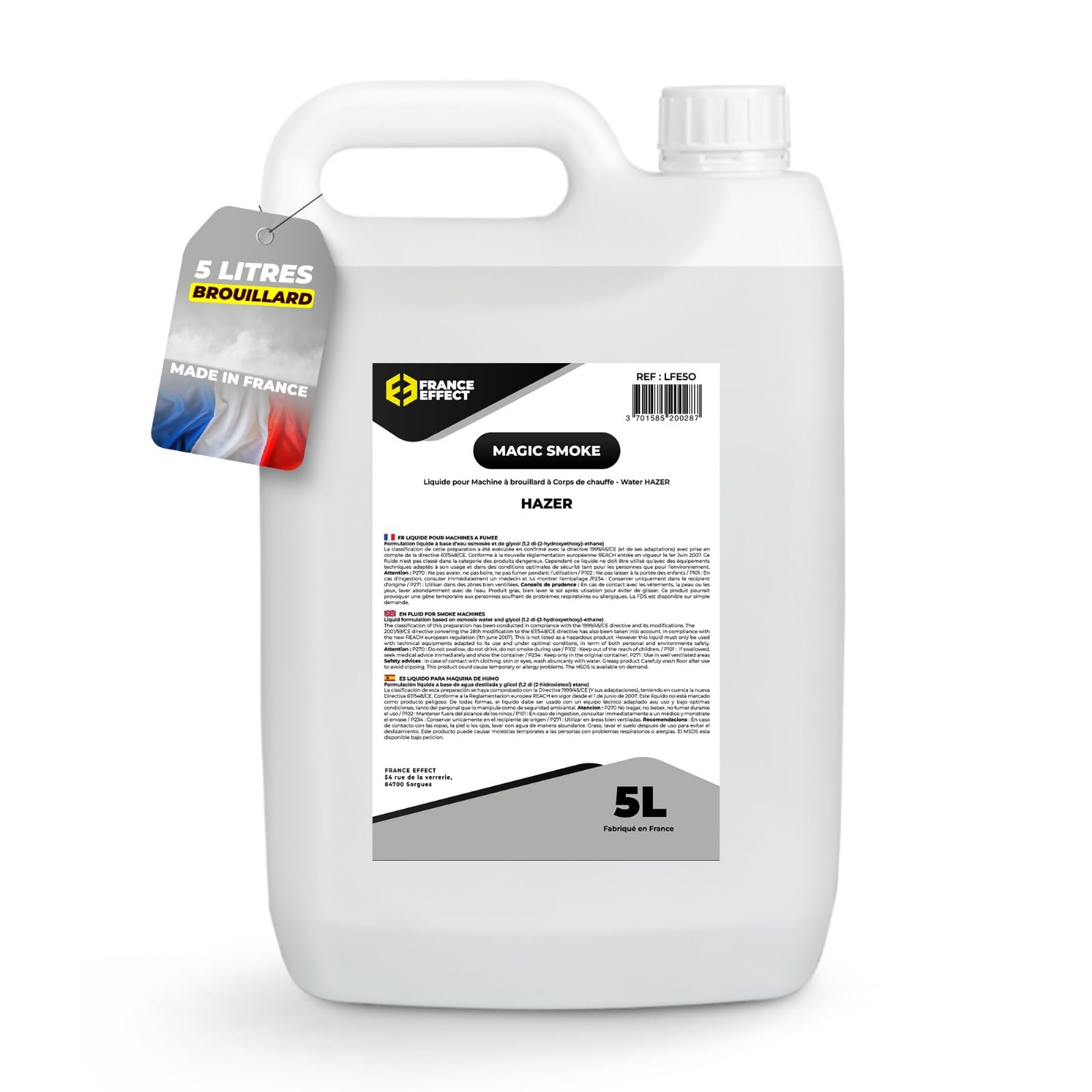 France Effect Liquide Brouillard Magic Steam - Bidon 5L | Compatible avec Machines à Brouillard | Effet Fumée Dense et Durable