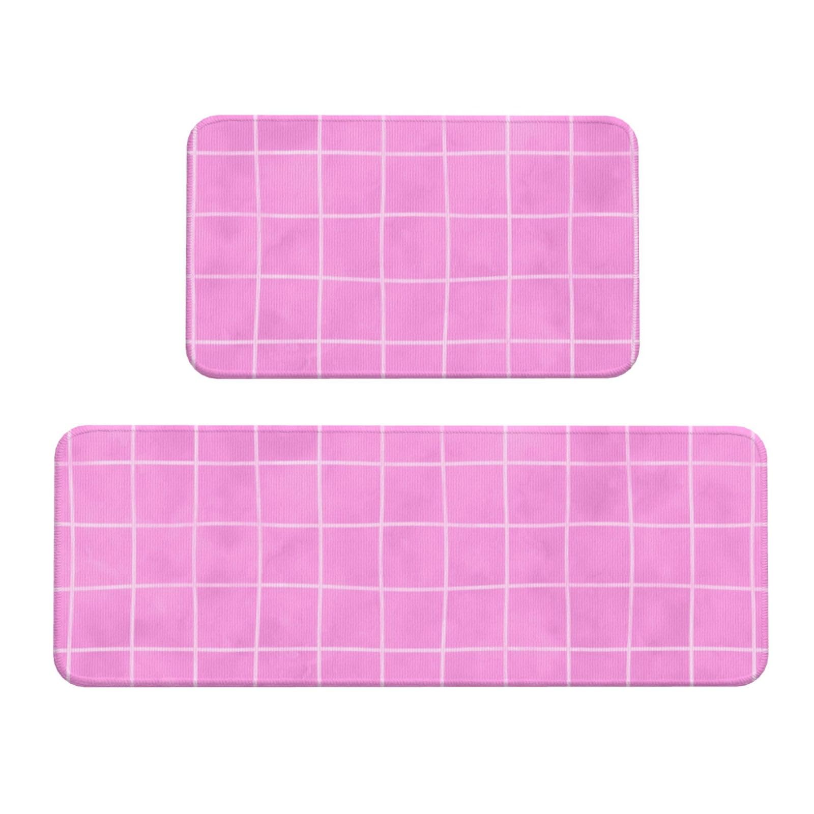 GVYGVY Antifatigue Kitchen Mats for Floor 2 Piece - Hand Drawn Pink Grid Print Kitchen Rugs Washable, Non Slip Runner Rug Standing Mat for Office/Bathroom/Laundry/Home Decor and Accessories