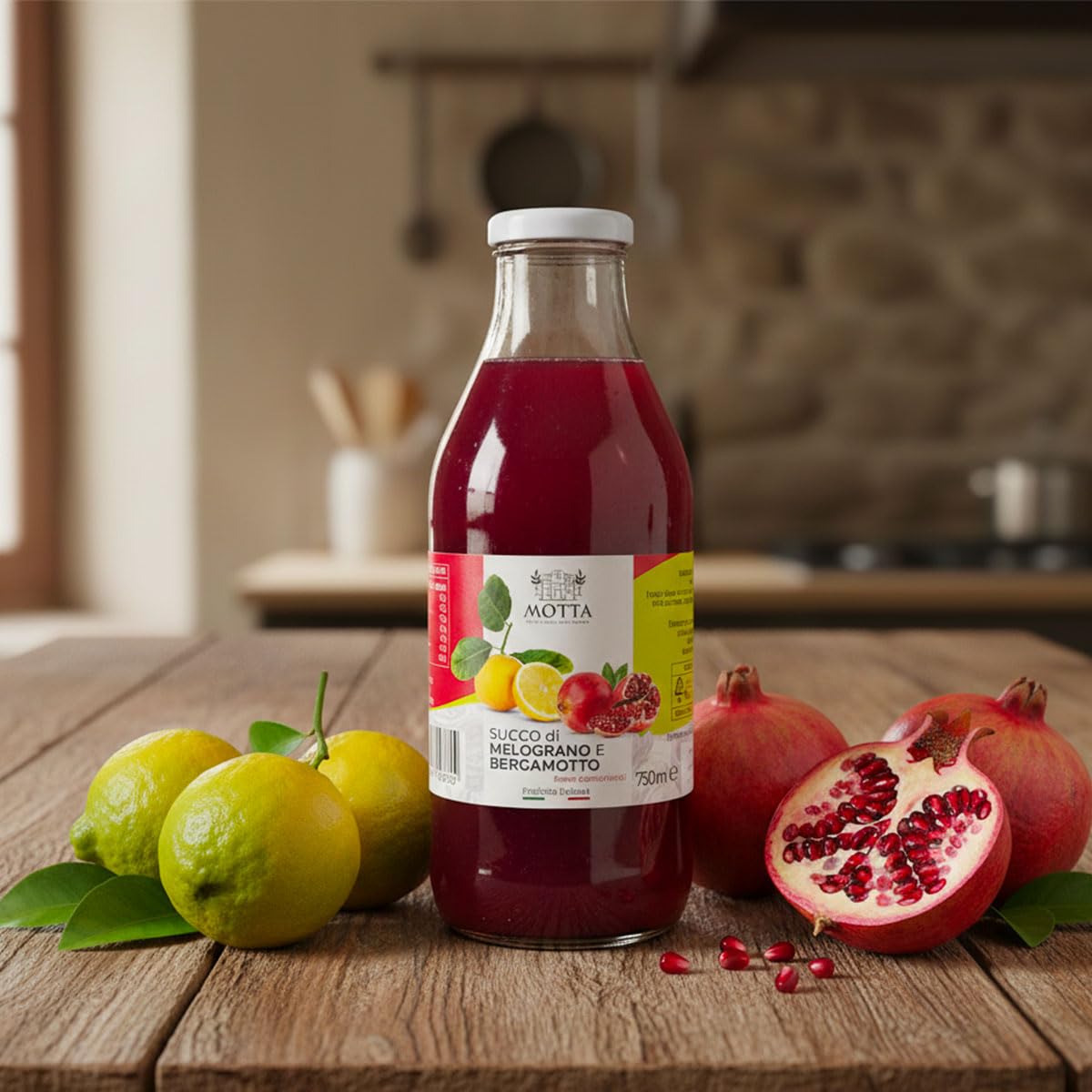 Consorzio Motta - Succo di Melograno e Bergamotto 100% Succo Naturale Senza Conservanti, Ricco di Vitamine, Pack 6x 750 ml, Prodotto in Calabria