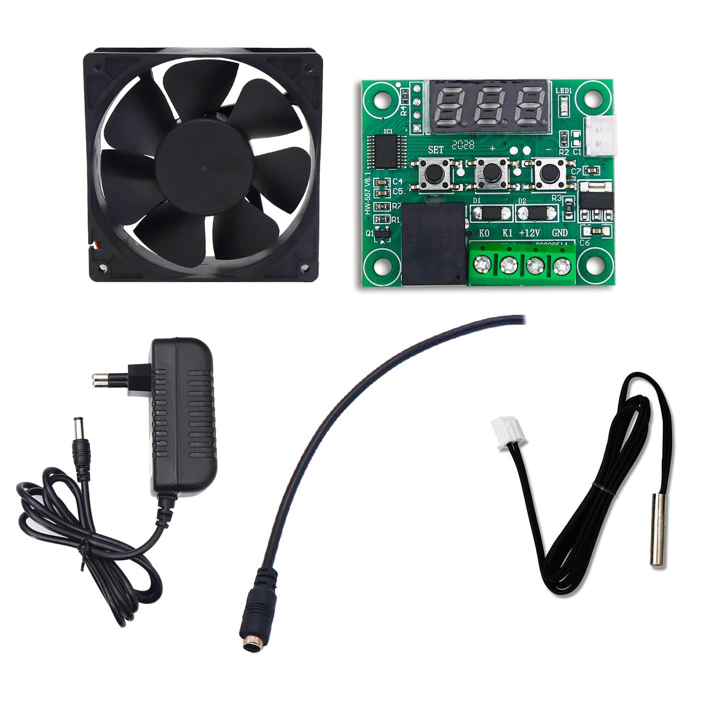 Electronic Spices Combo of Xh-w1209 Temperature Controller Thermostat Module With Probe, 3 Inch 12v Dc Exhaust Cooling Fan, 3.5mm Female Jack and 12v 1a Dc Power Supply Adapter
