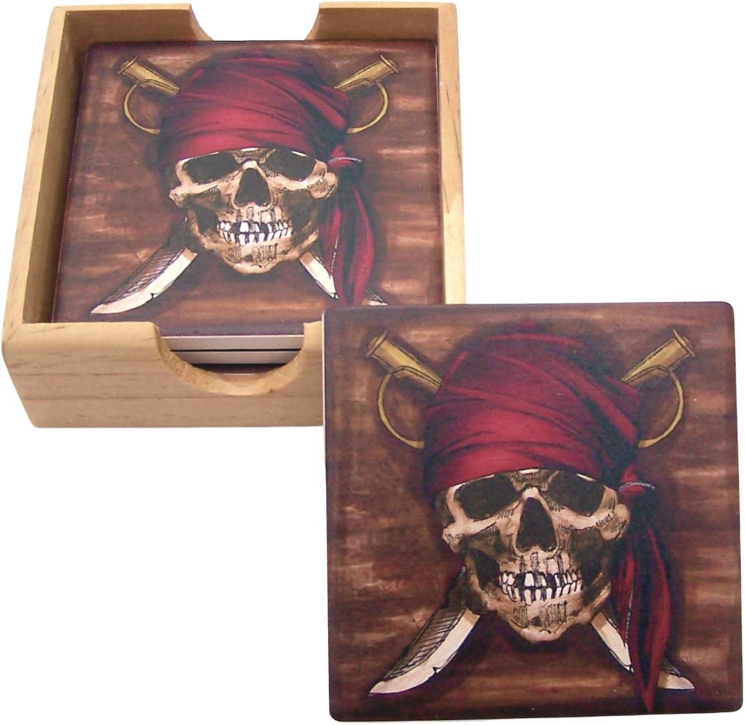 Pirate Coaster Set with Wooden Coaster Holder, Nautical Décor, Set of 4 Coasters, 4.25 Inches - Image 3