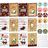 Weihnachtskarten mit Umschlägen und Aufkleber, 12 Stück Klappkarten Grußkarten Blanko, Kraftpapier Weihnachtspostkarten für Weihnachtsgrüße an Familie, Freunde, Frohe Weihnachten Karten von Hoiny