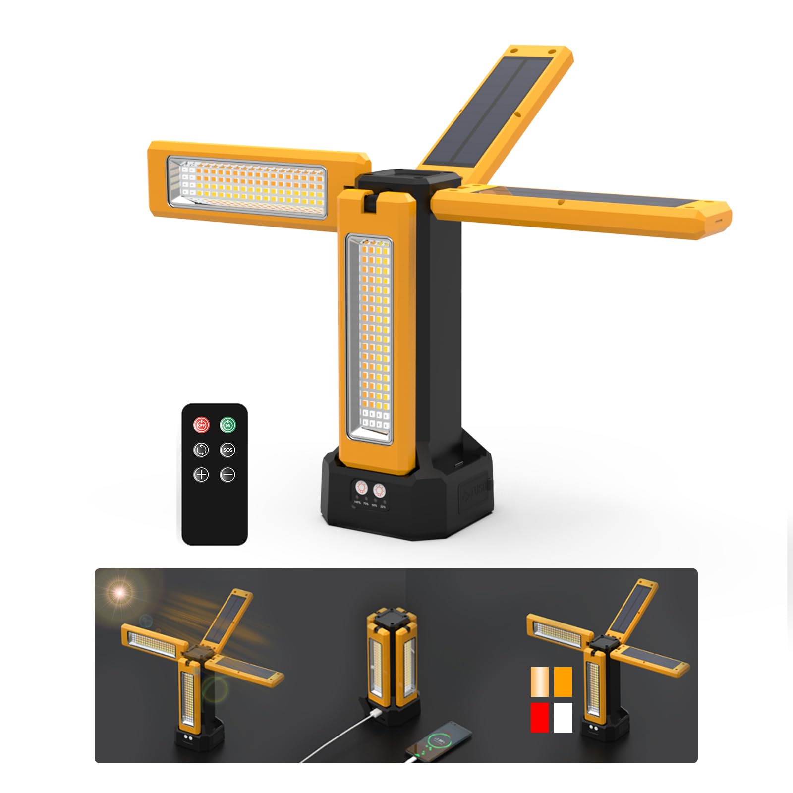Faretto da Cantiere LED Ricaricabile Solare con Treppiede, Batteria da 13200 mAh, Faretti da Cantiere con Luminosità da 8000 Lumen, Adatto a Cantieri, Campeggio All'aperto (Arancione senza supporto)