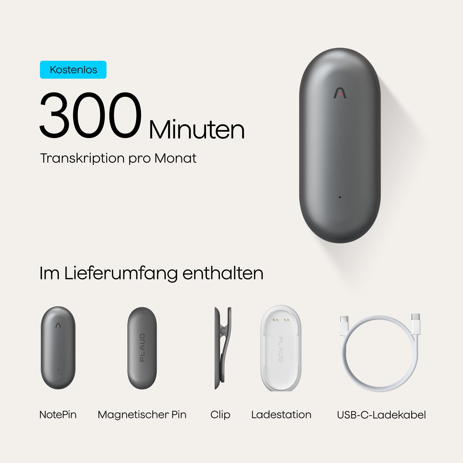 Plaud NotePin Sprachrekorder, KI-Sprachrekorder, Profis & Teams, KI-Notizgerät, KI-Transkription & Zusammenfassung, 112 Sprachen, Audiorekorder für Vorlesungen, Meetings, Kosmisches Grau