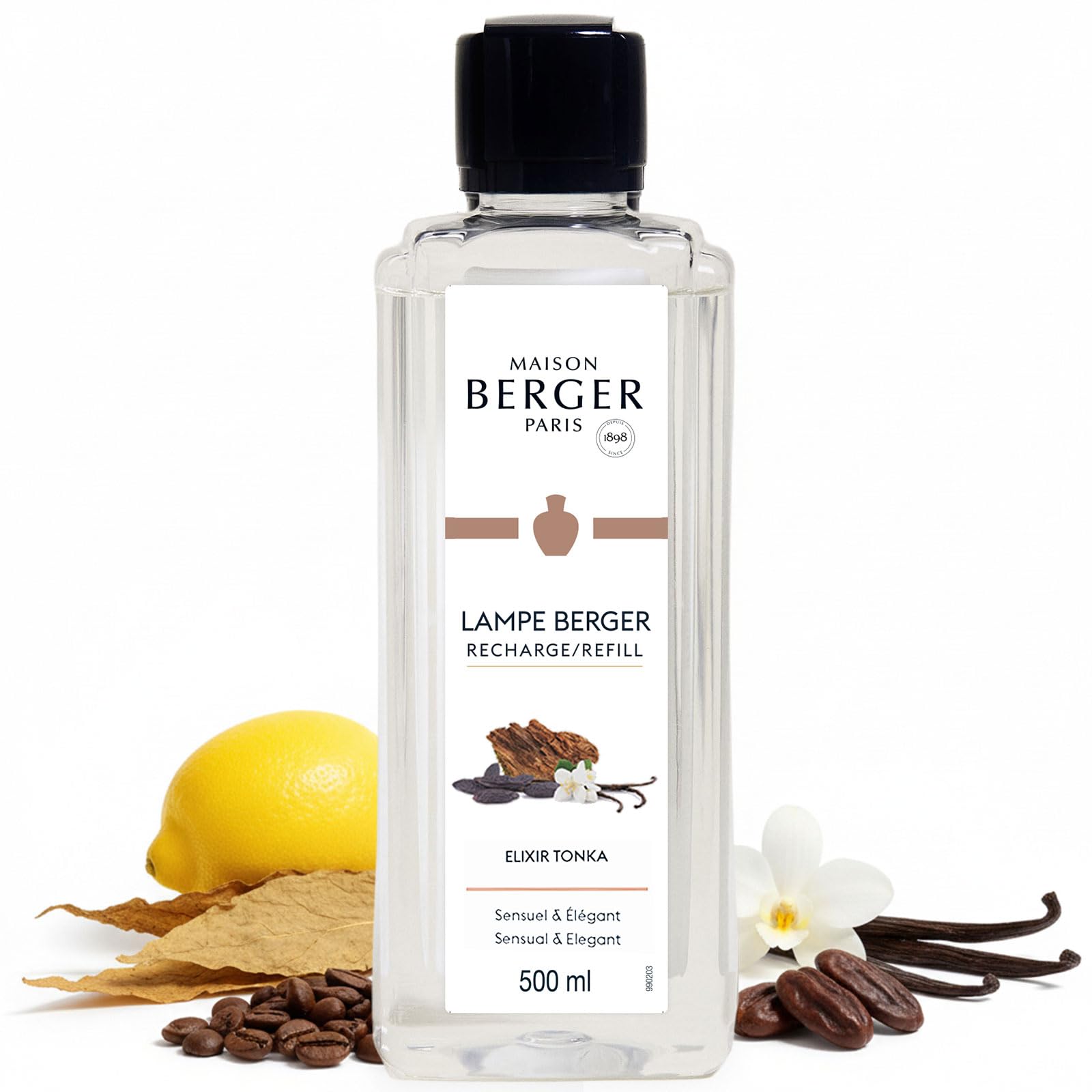 MAISON BERGER Tonka Elixir Lampe Berger Refill, 500 ml (16.9 fl oz), Odor-Neutralizing Home Fragrance Oil Lamps, Lemon, Liqueur, Like Notes, Jasmine, Coffee, Vanilla, Made in France
