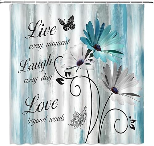 Cortina de ducha rústica con diseño de margaritas, versículo de la Biblia, citas inspiradoras, diseño de flores de granja, mariposa, tablero de