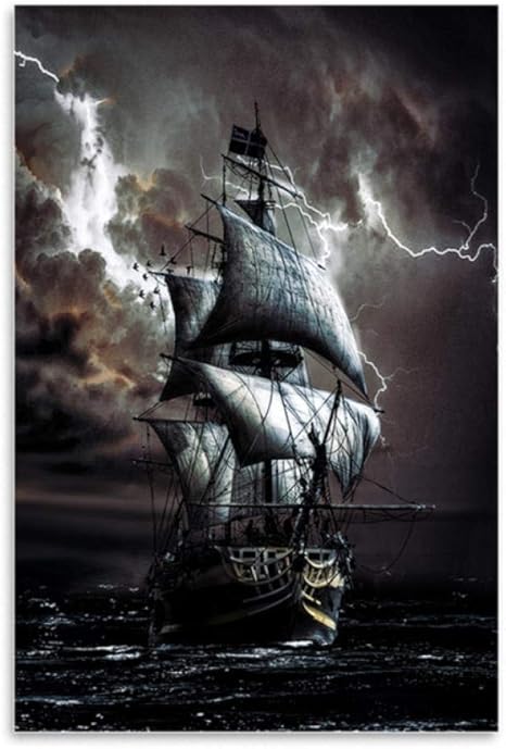 Amazon Co Jp Ygacj 海の海賊船キャンバス絵画黒帆船ヴィンテージポスターとプリントリビングルームの装飾のための船の壁の写真 50x70cm フレームなし ホーム キッチン