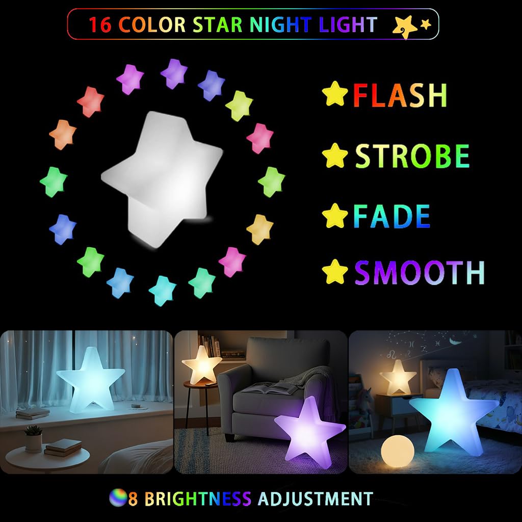 Luce a stella da 40,6 cm, in robusto materiale PE, luce notturna per bambini, lampada per bambini con porta di ricarica USB, 16 colori e 4 effetti di luce, lampada a forma di luna per asilo nido