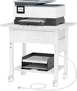 Lerliuo Under Desk Rolling Printer Stand with Charging Station and USB Ports, 2-Tier Printer Table Desk with Fabric Drawer, Printer Cart Holder with Lockable Wheels for Home, Office (White)