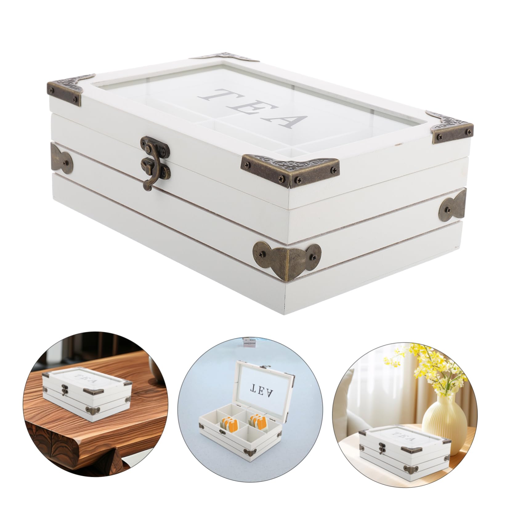Scatola Portabustine da Tè in Legno Vintage con Coperchio, 6 Scomparti, Bianca, per Tenere le Bustine Asciutte e Fresche in Cucina