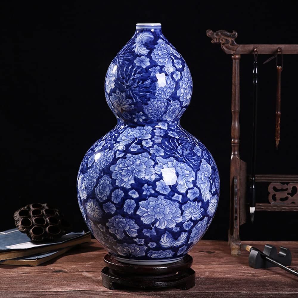 asdchZen Jingdezhen Blue And White Porcelain Flower Vase With Base, Large Handmade Chinese Ceramic Vase, Asian Decorative Vase, For Home, Living Room, Bookshelf, Table Centerpieces,D