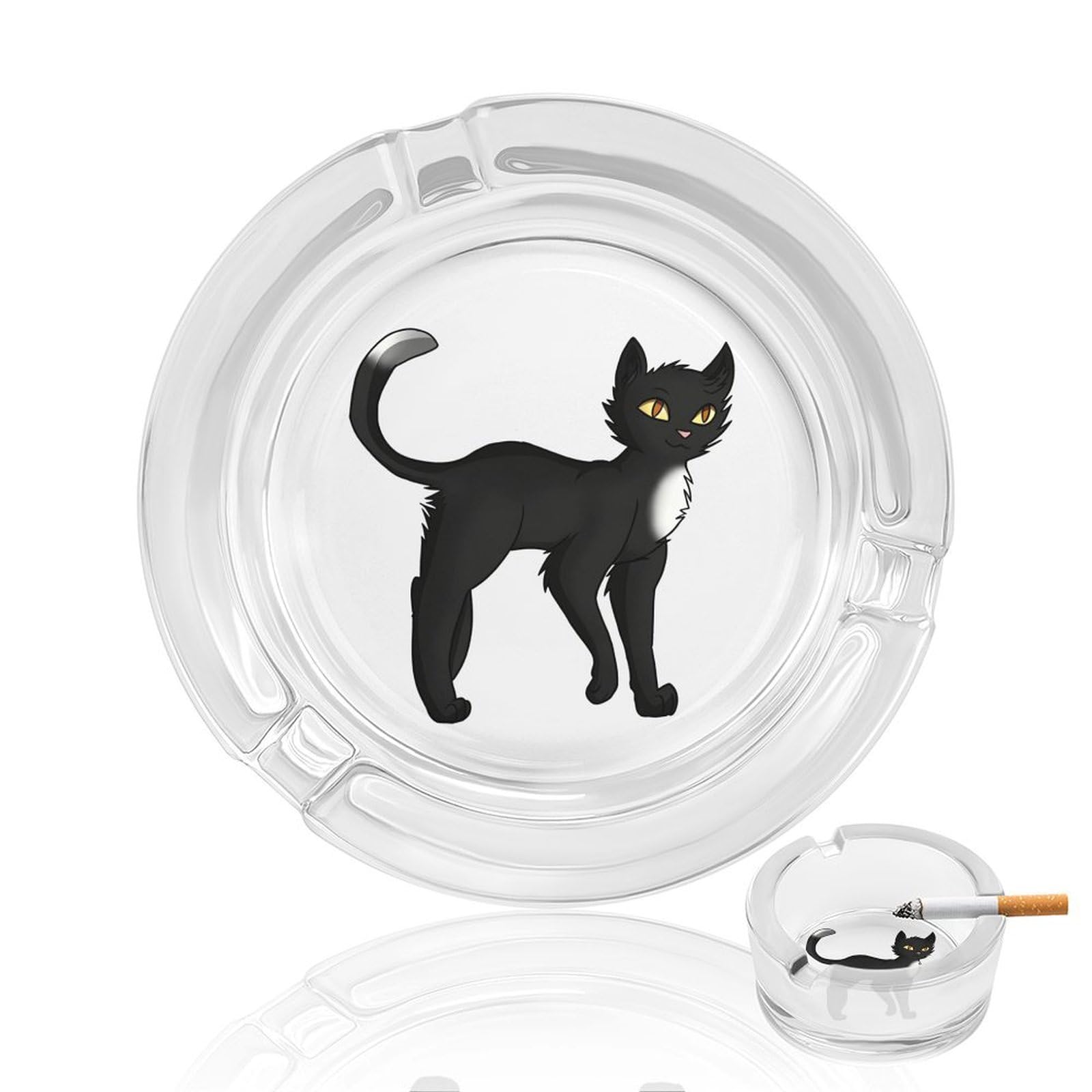 Black Cat Ashtray Portable Round Glass Outdoor Ash Tray for Home Office Garden Pub