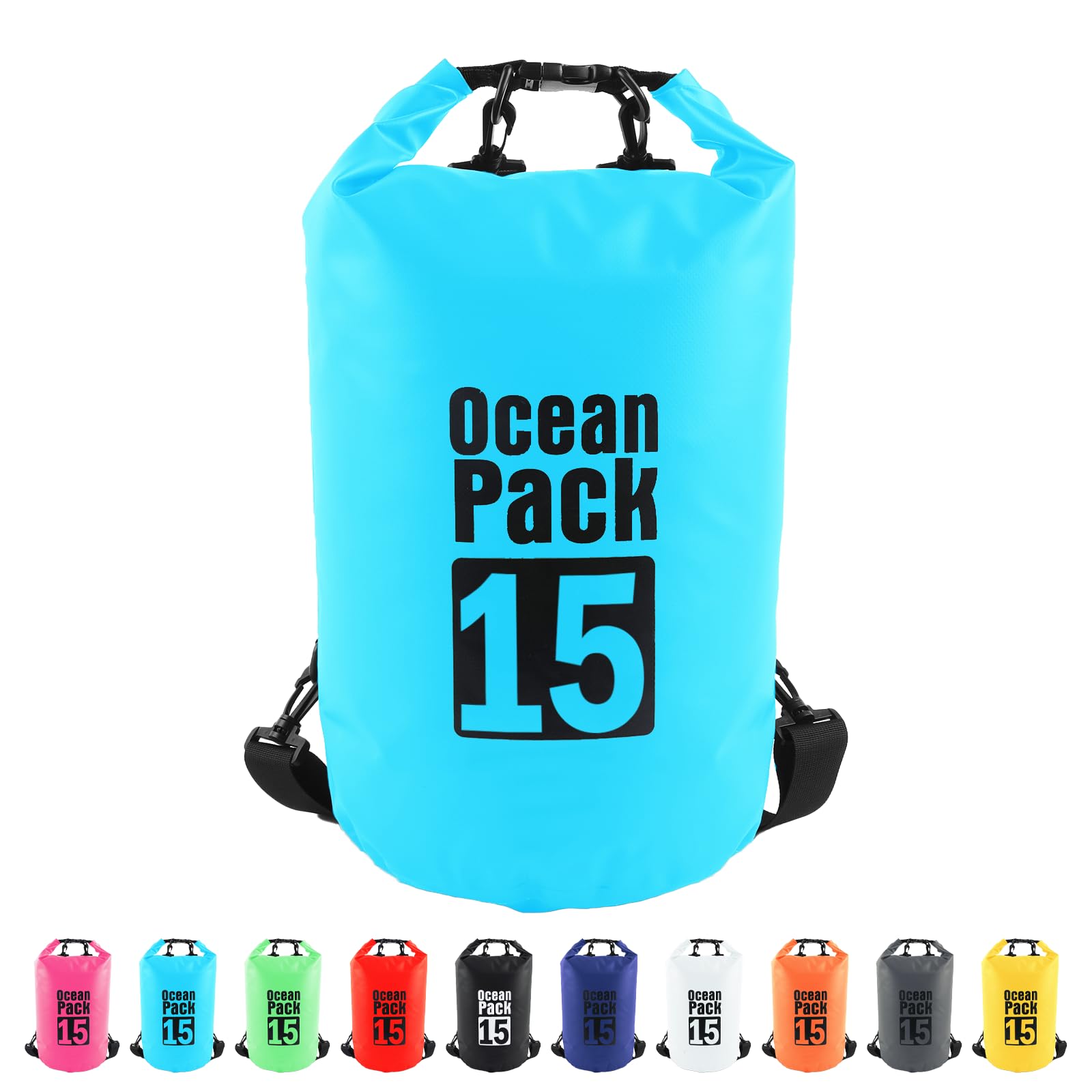 MORAINJAY 15L Sky Blue Dry Bag,Waterproof Bag with Double Adjustable Shoulder Strap,Middle Capacity Dry Sack 2L 5L 10L 15L 20L 30L for Outdoor Camping,Rafting,Swimming,Boating,Surfing