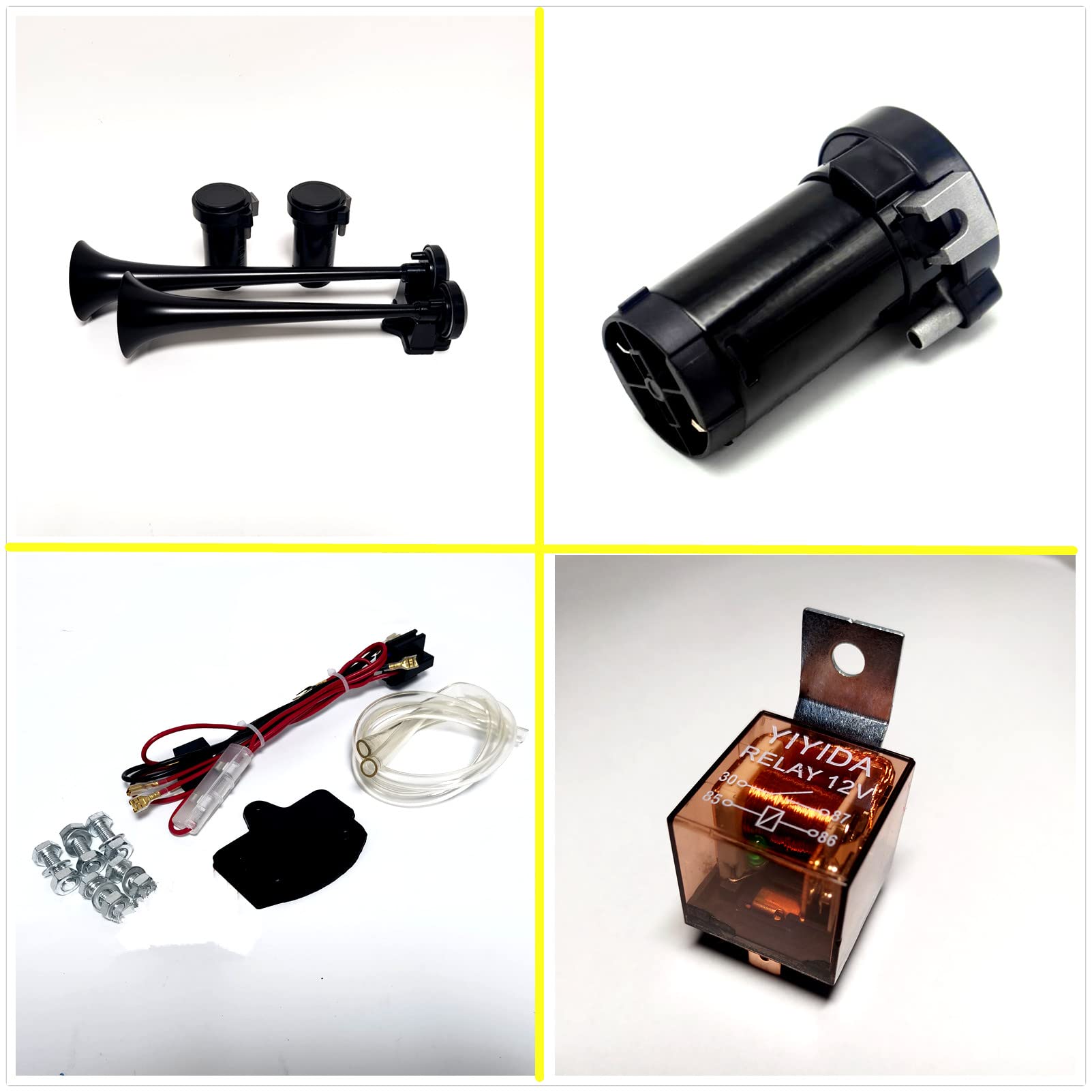 Autohupe Car Horn Lufthorn 12V Air Horn12V Schiffshupe mit hohem und niedrigem Ton 170db Drucklufthorn Schwarze LKW-Hupe Autolautsprecher mit Luftpumpe Trompete für 12V Wagen LKW Schiff etc