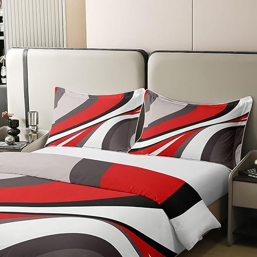 Miniatura 4 de Erosebridal Juego de ropa de cama geométrica 100% algodón, tamaño King, funda de edredón con diseño de remolinos rojos, blancos y grises, funda de