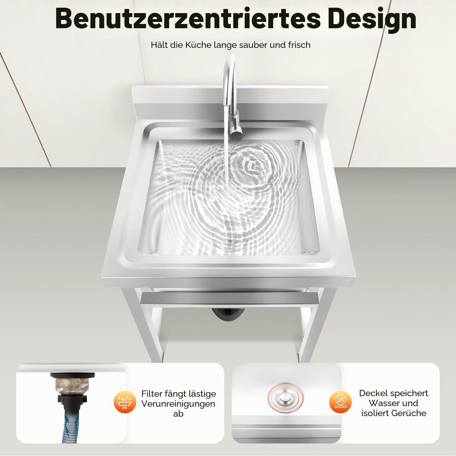 Freistehende Edelstahl Waschbecken 1 Becken Outdoor Spüle mit Kalten und Heißen Wasserhähnen und Anderem Zubehör Kommerzielle Restaurantspüle für Außen Innen Küche Restaurant 93 x 60 x 60cm