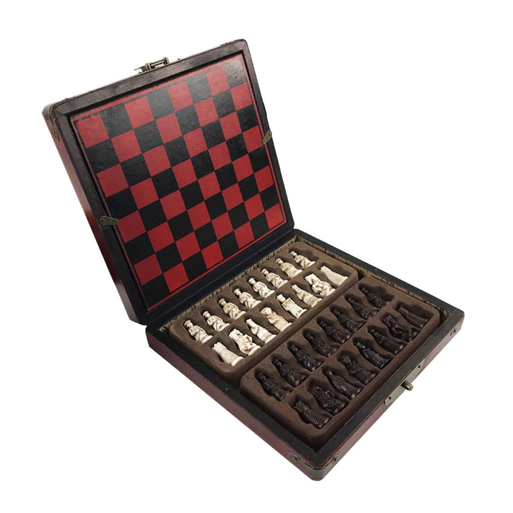 LinjollyNew Antique Chess Set of Chess Wooden Coffee Table Antique Miniature Chess Board Chess Pieces Move Box Set Retro Style lifelike
