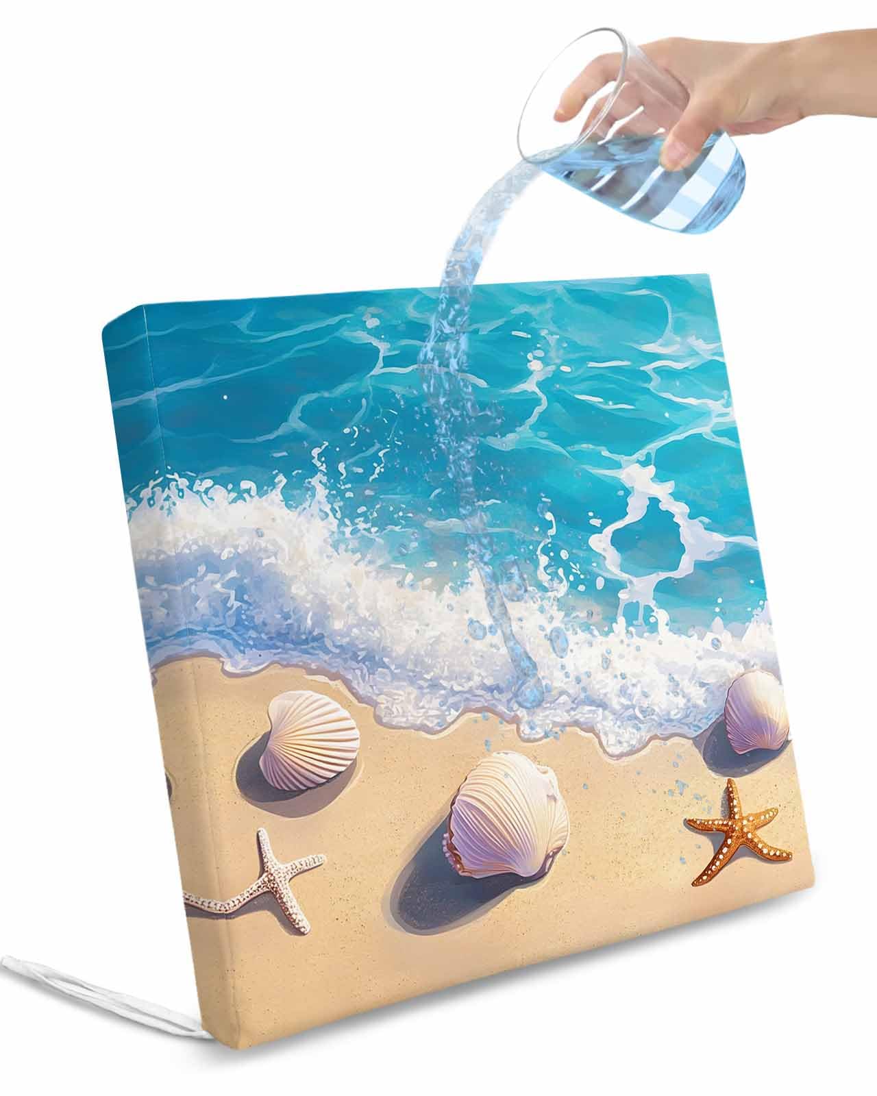 2 Pack Coastal Beach Waterproof Cushion Covers with Ties, Outdoor Patio Chaise Lounge Chair Seat Cushion Slip Covers Replacement(Only Cover) Nautical Ocean Starfish Shells Sea Waves 22