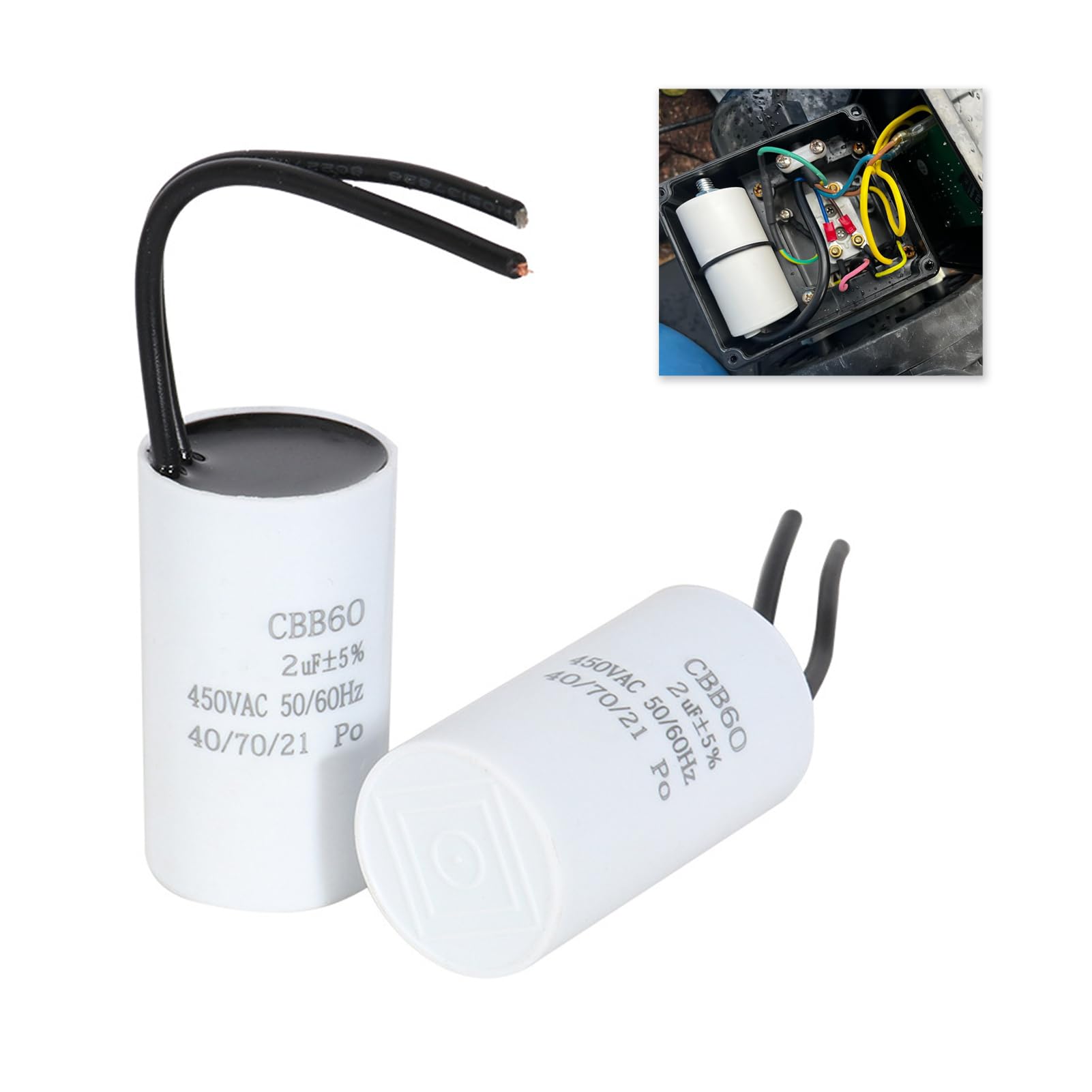 Condensatore Resistente Umidità Condensatori Avviamento CBB60 2uF 450V | 4 Pezzi Con Cavi | Per Motori Elettrodomestici E Pompe Condensatore Pompe Ventilatori - 11