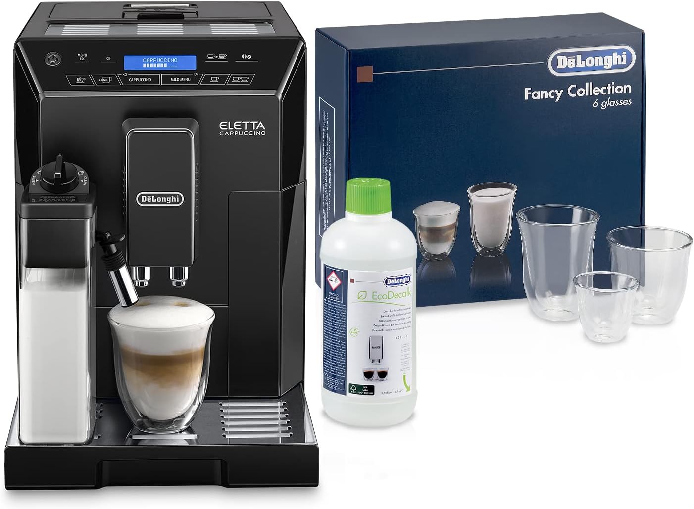 DeLonghi Perfetto ECAM44.660.B Eletta Cappuccino Macchina da Caffè Automatica, 1450 W, 2 Cups, Acciaio Inossidabile, Nero + Decalcificante + Bicchieri