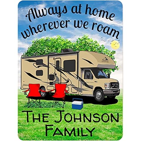 Happy Camper World Aluminum Wall Sign, Always at Home Wherever We Roam 9" X 12" Personalized Camping Themed Sign with 2 Lines of Custom Text, Tan Class C Motorhome with Black Windows Cover