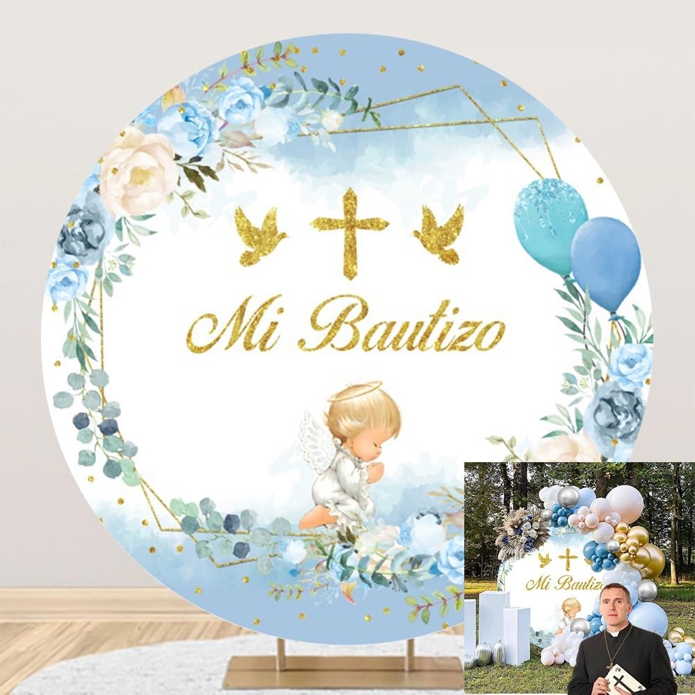 OERJU Mi Bautizo Round Backdrop Cover Baby Baptism First Holy Communion Party Decorations Circle Photography Background Angel Blue Floral Boy
