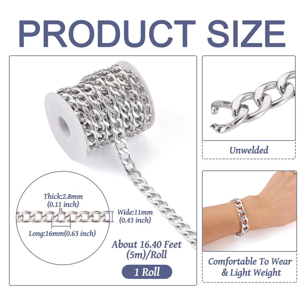 16.4Feet Catene di Alluminio Curb Catena ritorta Non saldata Argento Metallo Ovale Catena Link Bulk 16x11x2.8mm per Fai da Te Gioielli Facendo