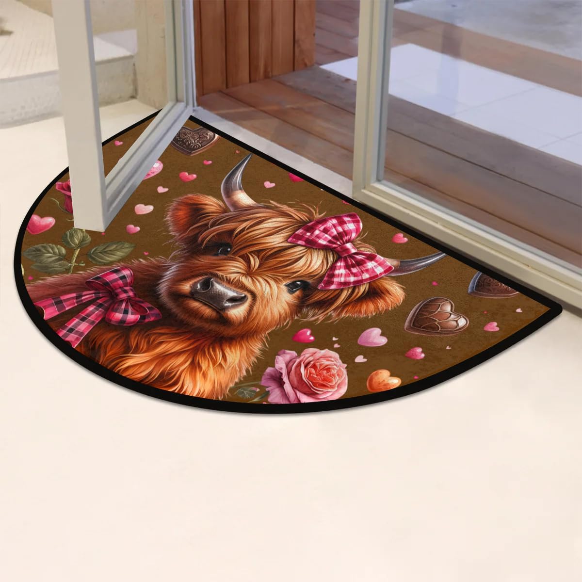 cfpolar Half Round Door Mat Highland Cow Rose Heart Non-Slip Semi Circle Area Rug Washable Half Moon Hearth Rugs for Indoor Outdoor Bathroom Kitchen Patio Runner Mat Laundry Room Home Decoration