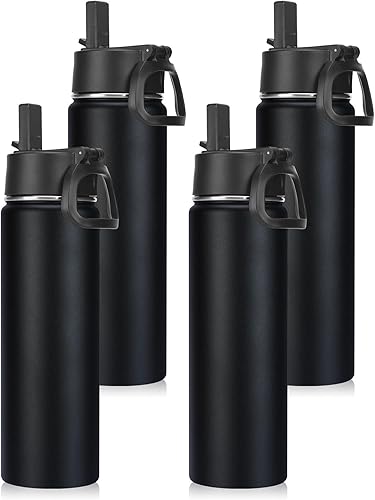 Miniatura 26 de Neihepal Botella de agua aislada de 22 onzas con tapa con popote, botellas de agua de acero inoxidable al vacío de doble pared a prueba de fugas,