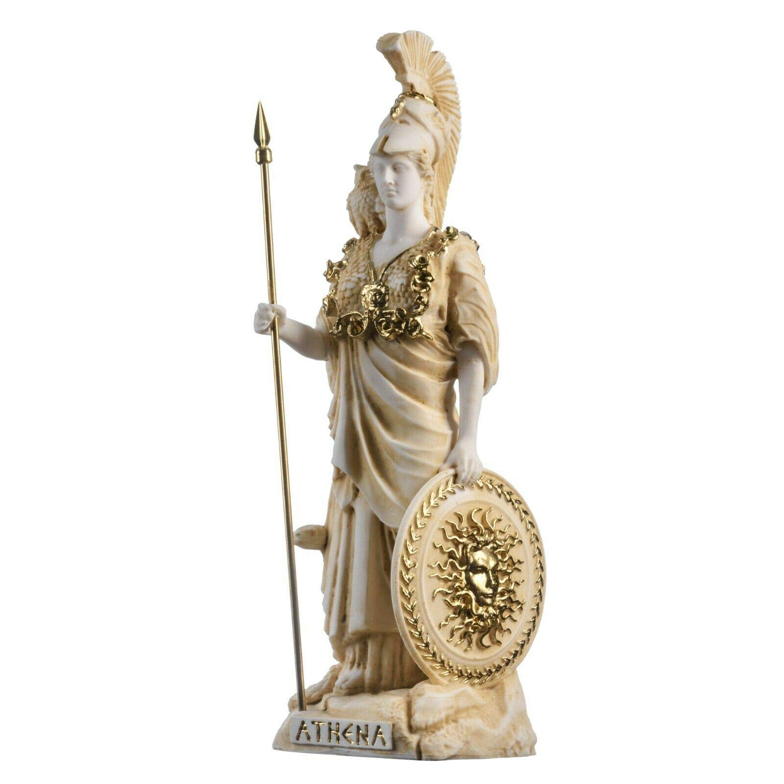Atenea Con Búho Medusa Escudo Diosa Griega Estatua De Alabastro Oro 27 cm