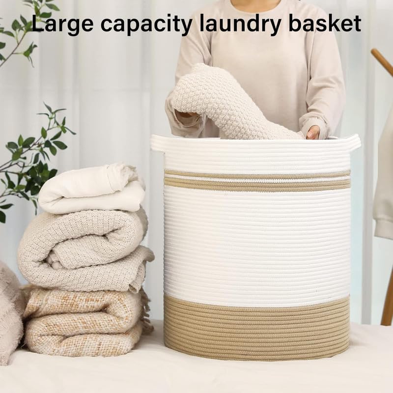 Image of Storage Rope Laundry Hamper Basket for Clothes, Towels and Blankets in Livingroom, Bedroom, Laundry Room and Basket for Nursery Storage (Size - 14 inch x 14 inch x 16 inch) (Beige White Stripe)