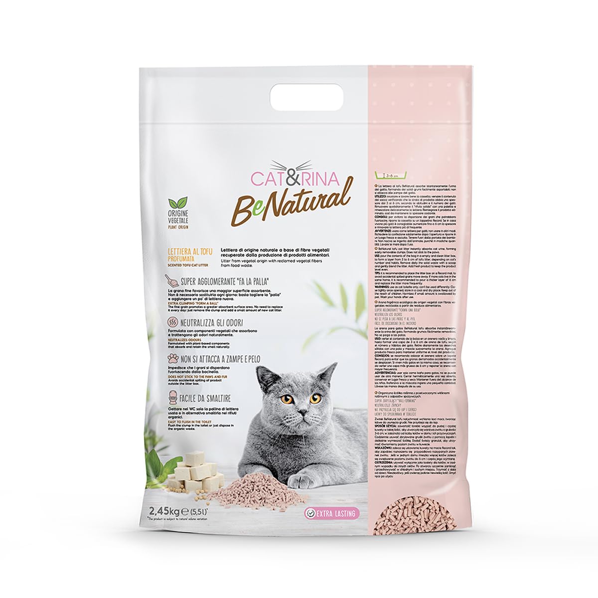 Cat&Rina BeNatural, lettiera per gatti al tofu agglomerante di origine vegetale. Fino a 30 giorni di utilizzo. Si smaltisce nell'organico o nel wc. alla Pesca.