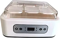 Iogurteira elétrica multifuncional com 6 copos de vidro para fermentação fácil e controle constante de temperatura.