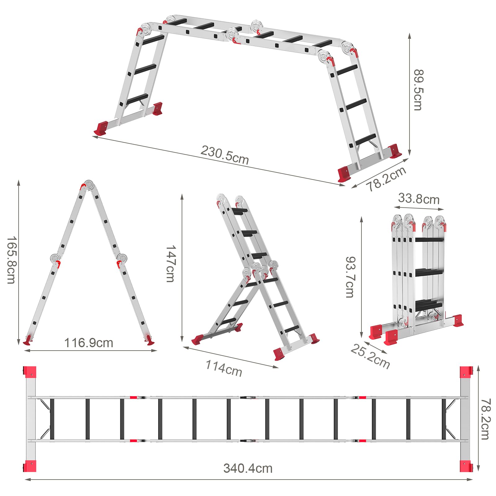 AMHANCIBLE Échelle Multifonction 3.4m Aluminium, avec 2 Plateaux de Travail | Échelle Pliante 4x3 Marches, Échelle Polyvalente Jusqu'à 150 kg, 7-en-1, pour Grenier, Maison, Bricolage Léger, EBAL01RD