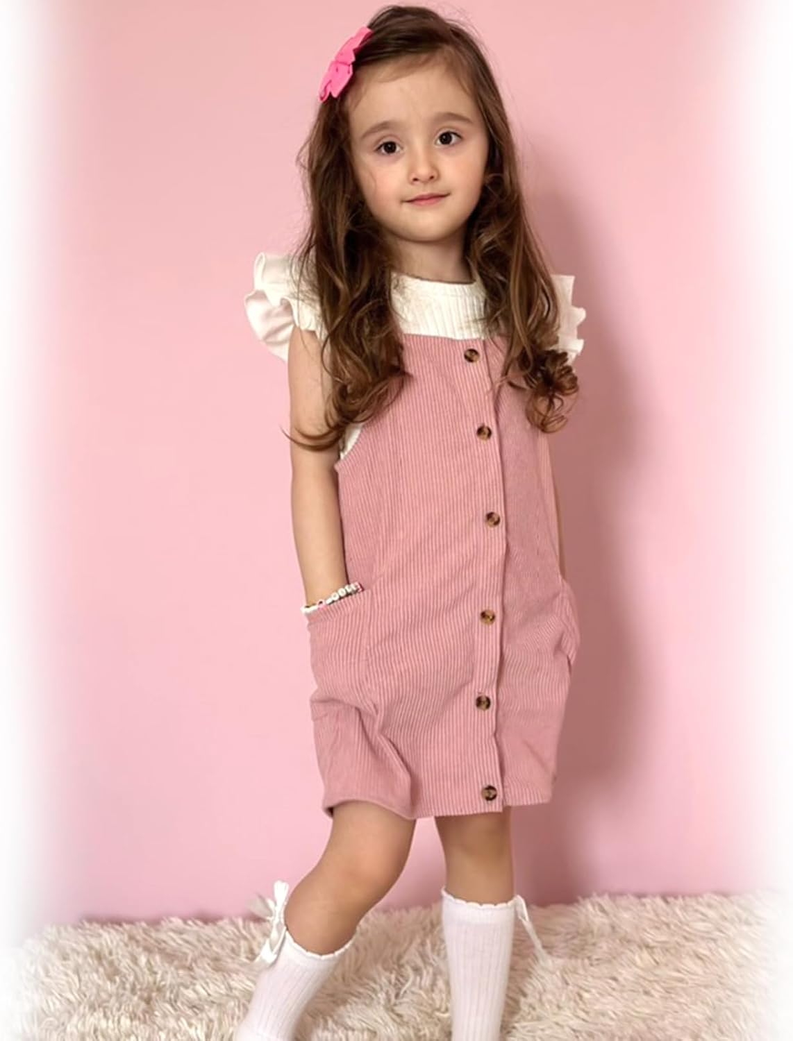 HINTINA 2-7 Years Toddler Girl Butterfly Sleeve Tee Corduroy Button Down Overall Dress Set - Image 2