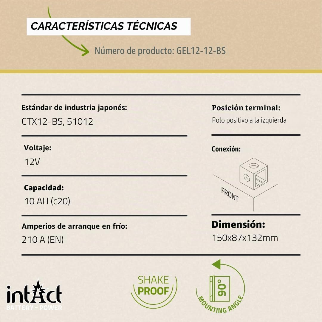 intAct - Bike-Power GEL12-12-BS, CTX12-BS, 51012, Batería de moto 12V 10 Ah 210 A (EN), Batería de gel de moto sin mantenimiento con un 30% más de potencia de arranque, para scooters, motos, quads