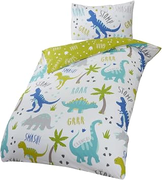 Rapport Roarsome Dinosaur Reversible Duvet Cover Set for Kids | Vibrant Dino World Bedding | Soft Cotton Blend Single Size, White/Green/Blue