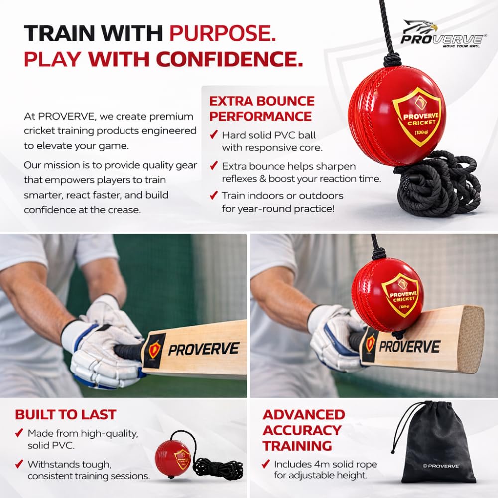 PROVERVE Hanging PVC Cricket Ball for Kids | Cricket Hanging Ball for Practice | Easy to Hang & Ideal for Indoor and Outdoor Batting and Heavy Training | Swing Ball for Adults Red,(Pack of 1) 2