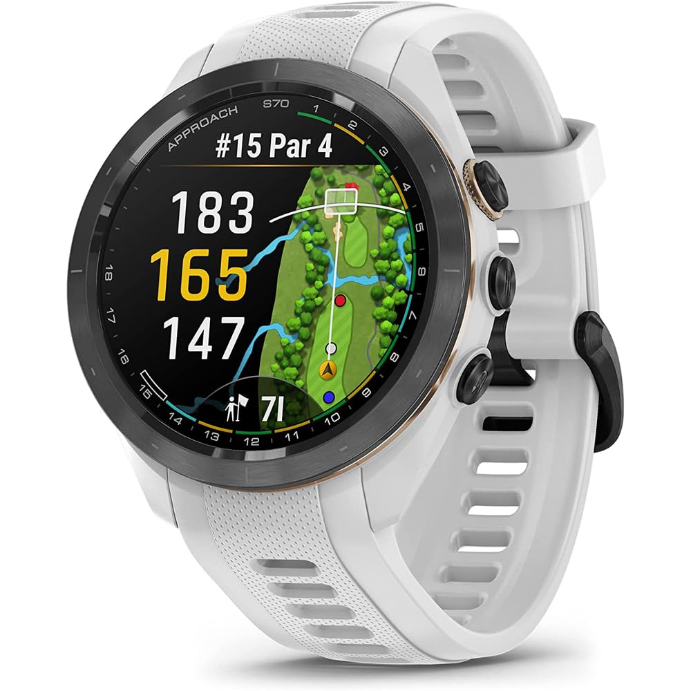 Garmin 010-02746-00 Approach S70 42 mm Premium GPS-Golf-Uhr, weißes Band, offizielles USA-Partnermodell, Paket mit Deco Essentials 2er-Pack Displayschutzfolie, 7-in-1 Golfwerkzeug,
