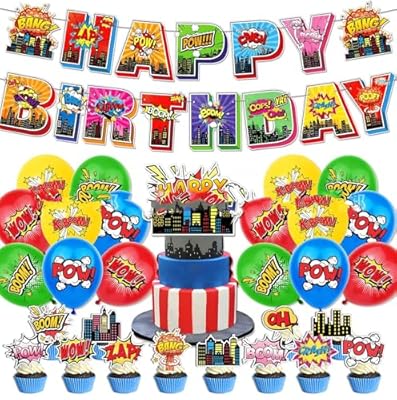 Doyomtoy Decoración de Fiesta Héroe,30Pz Decoración de Fiesta Héroes Urbanos Superhero Banner,Superhero Balloons,Cake Toppers,Adatto per Decorazioni della Festa di Compleanno dei Bambini,Baby Shower | Ya disponible en tu tienda friki favorita! En mundofriki.es!