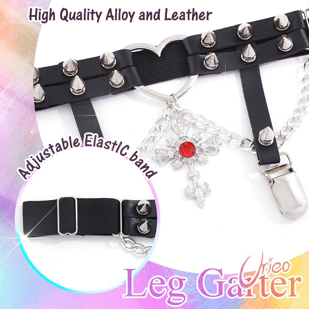 Urieo Cross Leg Garter with Buckle Anti-Slip Clips Heart Black Garter Belt Studded Gothic Elastic Adjustable Rave Thigh Harness for Women