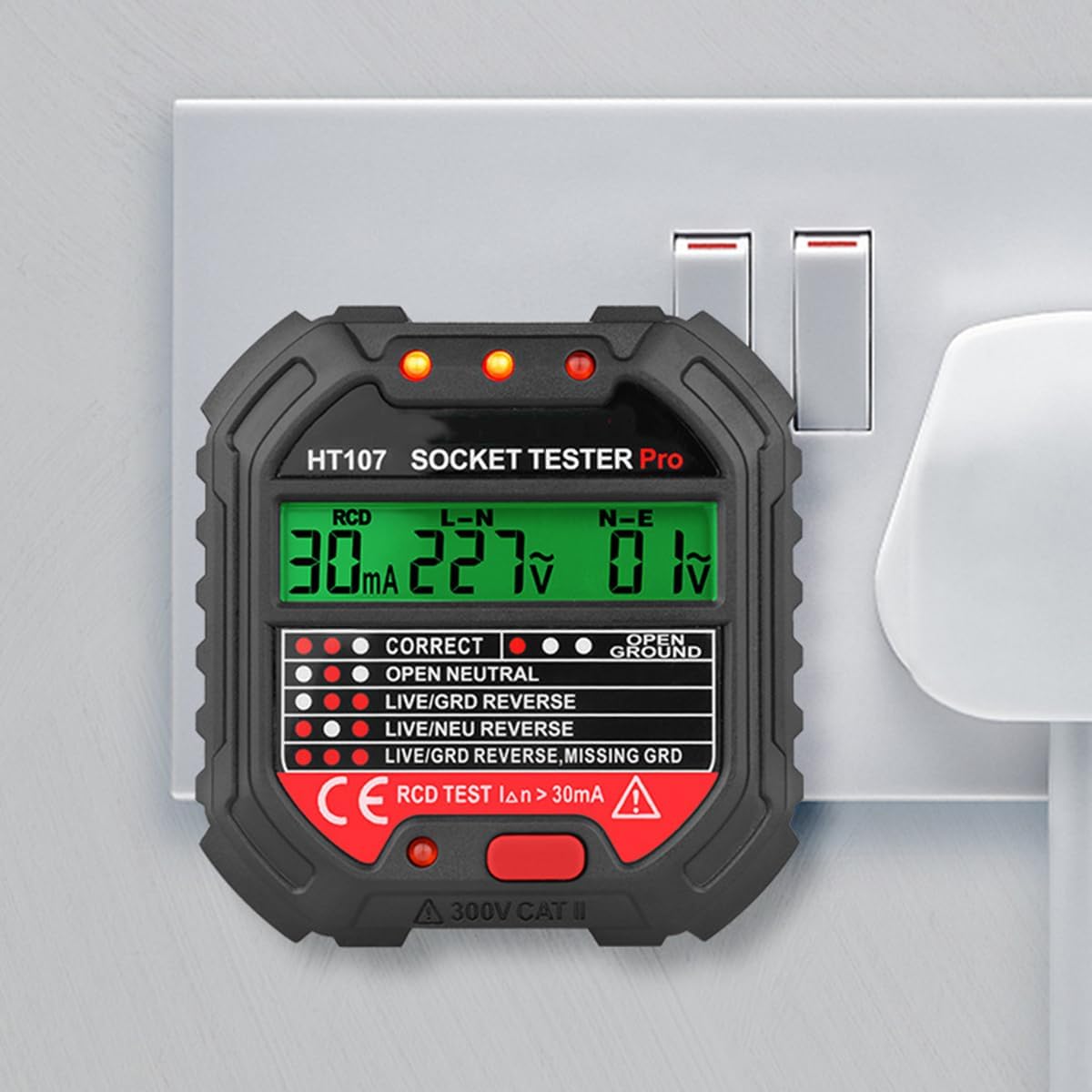 Tester per Circuiti Elettrici con Test RCD e Display LCD,6 Tipi di Diagnosi di Errore,Tester Prese Elettriche,Rilevatore di Tensione,Tester de Prese,Rilevatore Cavi Elettrici,CAT II 300V