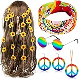 6 Pieces Hippie Costume Accessories Set 60s 70s Tie Dye Headband Sunflower Crown Hippie Sunglasses Rainbow Peace Sign Necklace and Earrings for Women Men Hippie Party Supplies