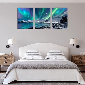 ZHONGYUTONG 3 Pieces Canvas Prints Aurora Scenery Paintings Picture Farmhouse Wall Decor Nature Northern Light Posters Modern Artwork for Bedroom Office Home (Frame, 16''×24''×3PCS (40×60cm×3PCS))
