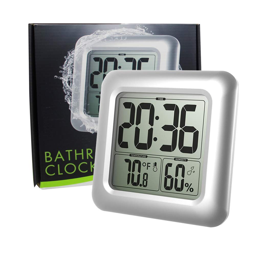 Reloj de pared digital para cuarto de baño (resistente al agua, termómetro, indicador de tiempo de humedad)