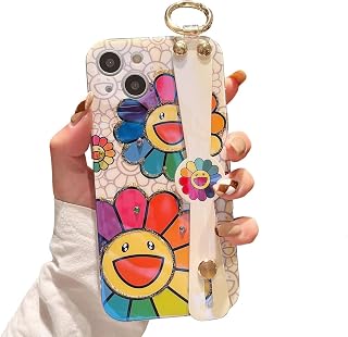 for iPhone 15 Plus Case Cute with Wrist Strap Kickstand Glitter Bling Cartoon IMD Silicone TPU Shockproof Protective Phone Cases Cover for Girls and Women - Sunflower